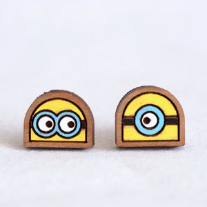 Minions Novelty Earrings - Wood Laser Cut Hand-Painted Mini Stud Earrings - Novelty Quirky Cute