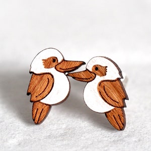 Kookaburra Australia Native Birds Wood / Novelty Mini Stud Earrings - Animal Series - Hand-painted Cute & Quirky