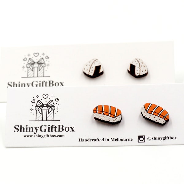Lachs Sushi / Onigiri Holz / Neuheit Mini Ohrstecker - Food Serie - Handbemalt Niedlich & Schrullig
