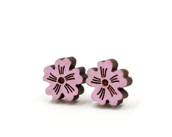 Sakura / Cherry Blossom Wooden Earrings Pink - Flowers Series - Hand-Painted Novelty Laser Cut Stud earrings