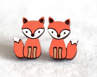 Fox Orange Wood Novelty Earrings - Animal Series - Laser Cut Hand-Painted Stud earrings - Quirky & Cute