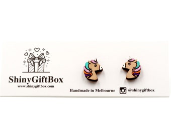 Unicorn Wood / Novelty Mini Stud Earrings - Animal Series - Hand-painted Cute & Quirky