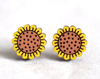 Sunflower Wooden Earrings - Plant Series - Hand-Painted Novelty Laser Cut Stud Earrings