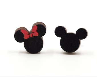 Mickey Minnie Mouse Wooden / Novelty Mini Stud Earrings - Cartoon Series - Hand-painted Wood / Cute & Quirky