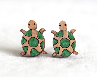 Turtle Wood Earrings - Marine Series - Hand-Painted Novelty Laser Cut Stud earrings