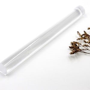 May include: A clear, cylindrical tube with a rounded end and a cap. The tube is made of transparent material, and a sprig of dried flowers is next to it. The tube is likely for storage or display.