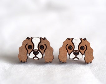 Dog Wooden Earrings - Cavalier King Charles Spaniel  - Hand-Painted Novelty Laser Cut Animals Stud earrings