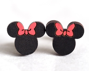 Minnie Mouse Wood / Novelty Mini Stud Earrings - Cartoon Series - Hand-painted Cute & Quirky