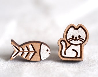 Cat and Fish Novelty Earrings - Animal Series - Laser Cut Hand-Painted Stud earrings - White Kitten - Quirky & Cute