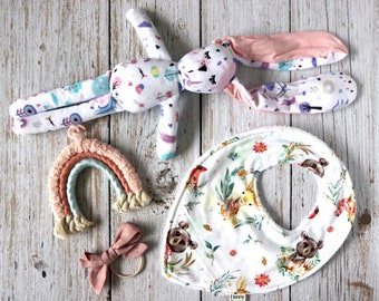 Rainbow Baby Girl Gift Set – Handmade Bunny, Bib & Decor