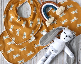 Netural Rainbow Baby Shower Gift Set - Curated Handmade Newborn Hamper - Cuddle Bunny | Bandana Bib | Burp Cloth | Rainbow Wall Decor