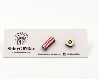 Bacon and Egg Wood / Novelty Mini Stud Earrings - Food Series - Hand-painted Cute & Quirky