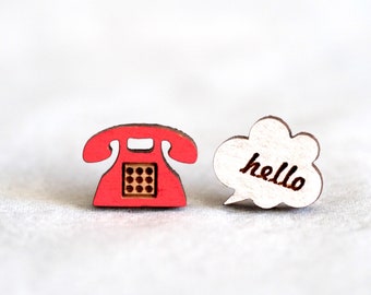 Vintage Telephone Wood Earrings - Home Series - Hand-Painted Novelty Laser Cut Stud earrings | Thinking of you gift