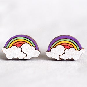 Rainbow Wood / Novelty Mini Stud Earrings - Sky Series - Hand-painted Cute & Quirky