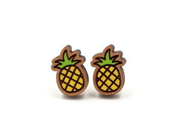 Pineapple Wood / Novelty Mini Stud Earrings - Food Series - Hand-painted Cute & Quirky