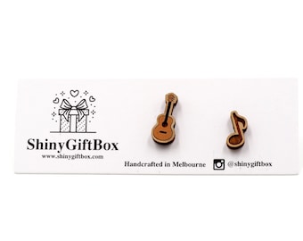 Guitar & Musical Notes Wood / Novelty Earrings - Cute Quirky Mini Studs Music Teacher's gift