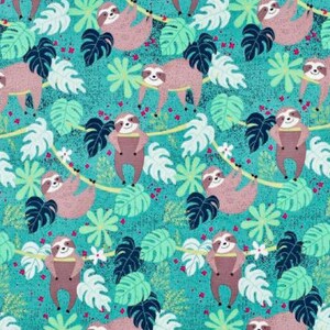 May include: A teal blue fabric with a repeating pattern of pink sloths hanging from branches in a jungle setting. The sloths are surrounded by green leaves and pink flowers.