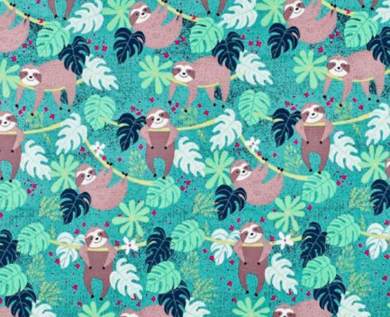 May include: A teal blue fabric with a repeating pattern of pink sloths hanging from branches in a jungle setting. The sloths are surrounded by green leaves and pink flowers.