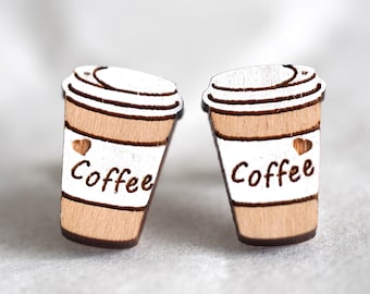 Takeaway Coffee Cups Wooden Earrings - Food & Drink Series - Hand-Painted Novelty Laser Cut Stud earrings