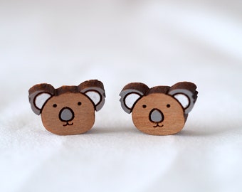 Handpainted Koala Earrings - Cherry Wood Studs, Australian Animal