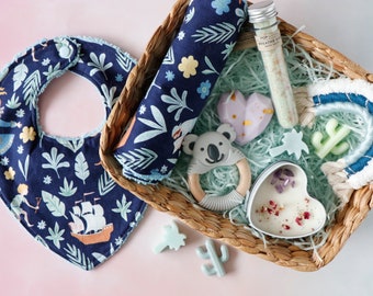 Newborn and Mum Gift Set - Curated Handmade Hamper - Baby Boy Baby Shower | Bib | Burp Cloth | Candle | Soap | Hanging Rainbow | Teether