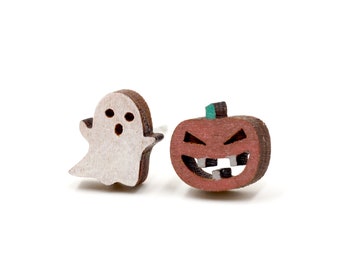 Halloween Pompoen & Ghost Wood / Nieuwigheid Mini Stud Oorbellen - Handgeschilderde Laser Cut Oorbellen