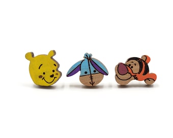 Winnie the Pooh Tigger Eeyore Wooden Stud Earrings - Cartoon Series - Hand-painted Wood