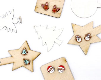 Christmas Wooden / Novelty Earrings Mix & Match - Cute Miniature Quirky Laser Cut Mini Studs | Teacher's Gift | Gift for her