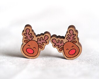 Reindeer Christmas Wooden / Novelty Earrings - Cute Miniature Quirky Laser Cut Mini Studs | Teacher's Gift | Gift for her