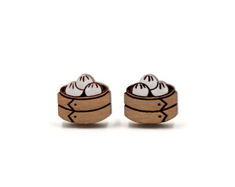 Dim Sum / Dumplings Wood / Novelty Mini Stud Earrings - Food Series - Hand-painted Cute & Quirky