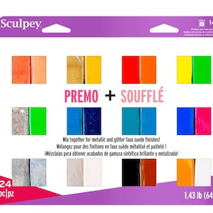 May include: A pack of 24 pieces of Sculpey Premo + Souffle polymer clay. The pack shows 12 different colours of clay, including metallic and glitter finishes. The pack is labelled "1.43 lb (649 g)".