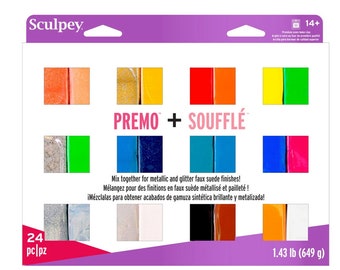 Pode incluir: Um pacote de 24 peças de argila polimérica Sculpey Premo + Souffle. O pacote mostra 12 cores diferentes de argila, incluindo acabamentos metálicos e brilhantes. O pacote é etiquetado com "1.43 lb (649 g)".