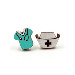 Nurse Medical  Wood / Novelty Mini Stud Earrings - Occupation Series - Hand-painted Cute & Quirky