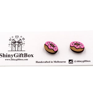 Pink Donuts Wood / Novelty Mini Stud Earrings - Food Series - Hand-painted Cute & Quirky