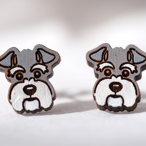 Dog Wooden Earrings Miniature Schnauzer  - Salt & Pepper - Hand-Painted Novelty Laser Cut Animals Stud earrings
