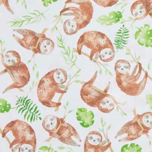 May include: A white background with a repeating pattern of brown sloths hanging from branches with green leaves. The sloths are drawn in a watercolor style.