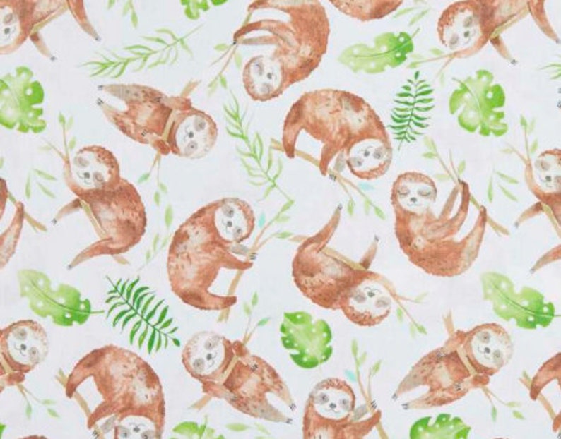 May include: A white background with a repeating pattern of brown sloths hanging from branches with green leaves. The sloths are drawn in a watercolor style.