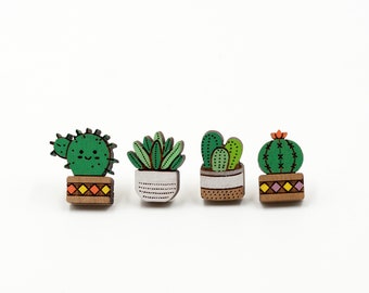 Cactus / Pot Plant Wooden Earrings - Plant Series - Hand-Painted Novelty Laser Cut Stud Earrings