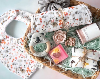 Baby Shower Gift Set – Handmade Cotton Bib, Koala Teether, Soy Candle