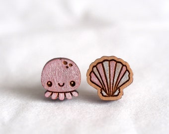 Jellyfish & Shell Wood Earrings - Marine Series - Hand-Painted Novelty Laser Cut Stud earrings