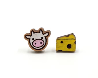 Cow and Cheese Novelty Earrings - Animal Series - Laser Cut Hand-Painted Stud earrings - Quirky & Cute