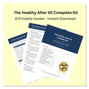 Kit completo "Saudável após os 50" — 8 guias e planilhas de acompanhamento para imprimir, destinados a idosos e cuidadores. Download em PDF.