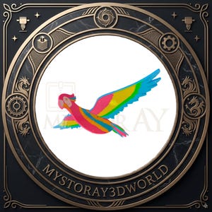 May include: A multi-colored parrot figurine in flight, featuring vibrant pink, yellow, green, and blue sections. The bird is positioned within a circular frame that displays the text MYSTORAY3DWORLD in gold lettering against a dark background.
