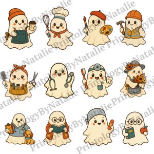 Spökyrke Png-paket Halloweenkarriärspökedesign Lärare Sjuksköterska Läkare Spöke ClipArt 12 designset med text eller vanligt