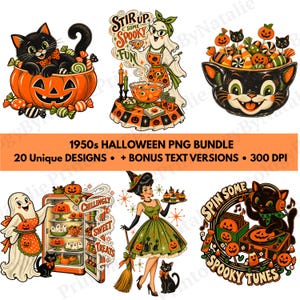 May include: A digital collection of 1950s Halloween illustrations featuring black cats, ghosts, pumpkins, and candy. The graphics include a cat in a pumpkin, a ghost cooking, a cat-shaped candy bowl, a ghost with a refrigerator, and a witch.