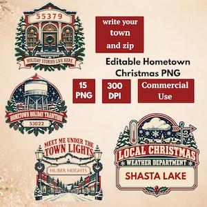 May include: A collection of four Christmas-themed digital graphic designs featuring snowy town scenes, a water tower, and street lights. Text includes '55379', 'HOLIDAY STORIES LIVE HERE', 'HOMETOWN HOLIDAY TRADITION', '53022', 'MEET ME UNDER THE TOWN LIGHTS', 'HUBER HEIGHTS', 'LOCAL CHRISTMAS WEATHER DEPARTMENT', and 'SHASTA LAKE'.