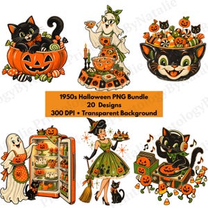 May include: A digital collection of 1950s Halloween PNG designs featuring a black cat in a pumpkin, a ghost serving punch, a cat-shaped candy bowl, a ghost at a refrigerator, a witch with a broom, and a cat playing a record player with text.