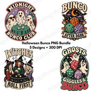 May include: A digital graphic bundle featuring four Halloween-themed illustrations with text including Midnight Bunco Club, Bunco After Dark, Witches Roll First, and Ghosts Giggles & Bunco, showcasing ghosts, witches, dice, and stars in vibrant colors.