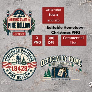 Editable Hometown Christmas PNG Bundle 3 DIY Custom Town and ZIP Code Designs Blank Holiday Sublimation Templates