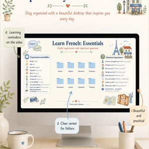 May include: A computer monitor displaying a desktop wallpaper titled Learn French: Essentials, featuring light blue folder icons, French language phrases, and illustrations of the Eiffel Tower, a cafe, and a suitcase on a cream-colored background.